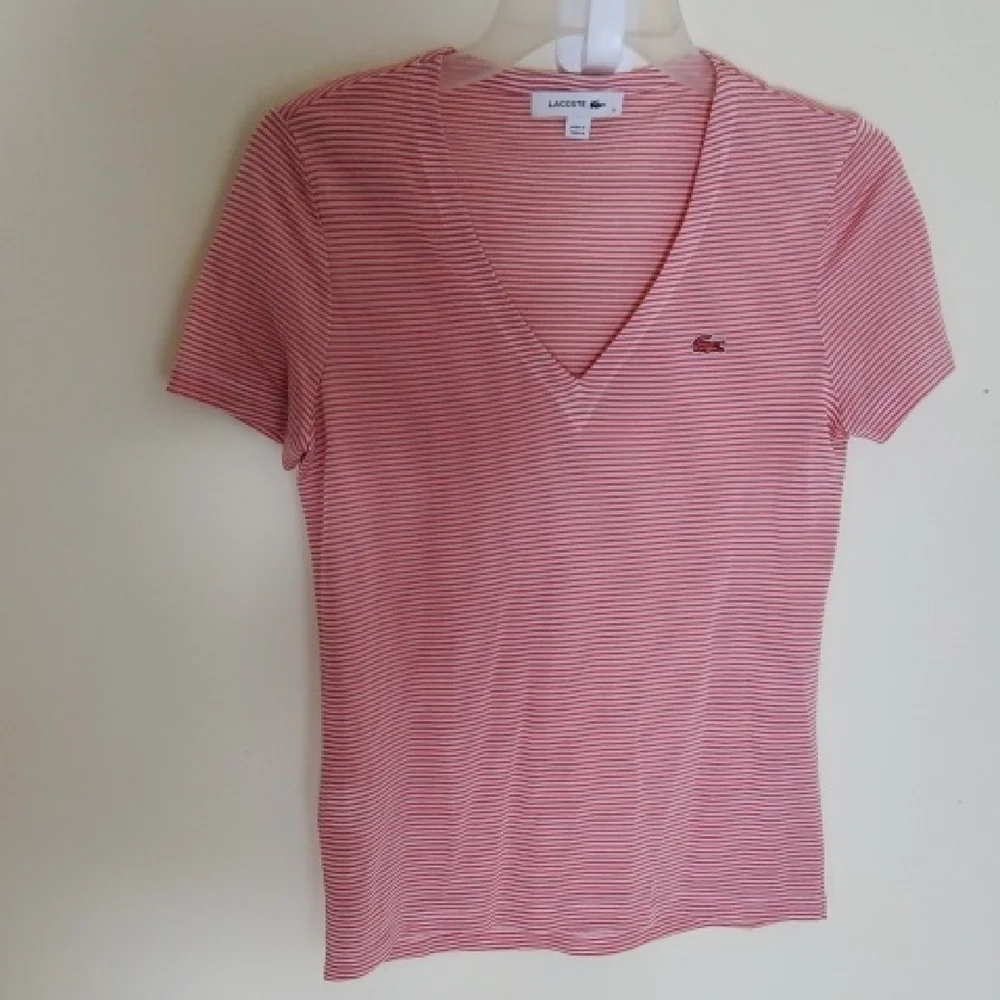 Lacoste Girls Pink Striped V-Neck Top Size 32/14